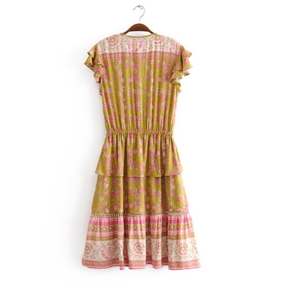 Green Floral Boho Retro Tiered Ruffle Mini Dress - Picture 8 of 12